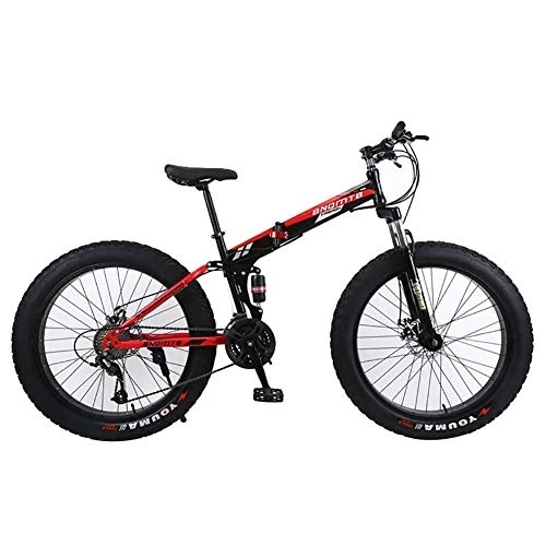 Folding Bike : WZJDY Folding Mountain Bike, 24in Fat Tires Snowmobile Bicycle with Double Disc Brake and Fork Rear Suspension, Black Red, 21 Speed