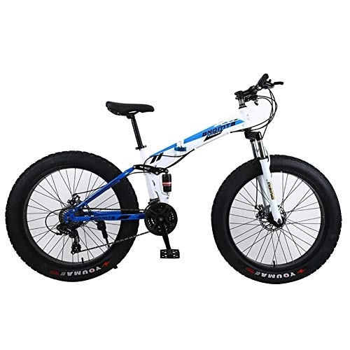 Folding Bike : WZJDY Folding Mountain Bike, 24in Fat Tires Snowmobile Bicycle with Double Disc Brake and Fork Rear Suspension, White Blue, 7 Speed
