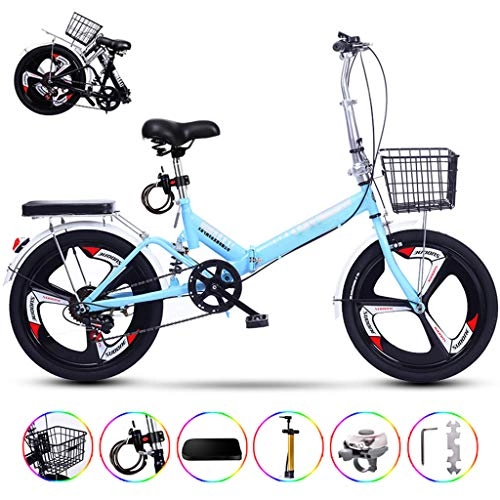 Folding Bike : WZYJ 20 inch Folding bicycle, Portable Lightweight Ultralight Variable Speed Shock Absorption Adult Bike, with Basket and Rear Seat, Blue