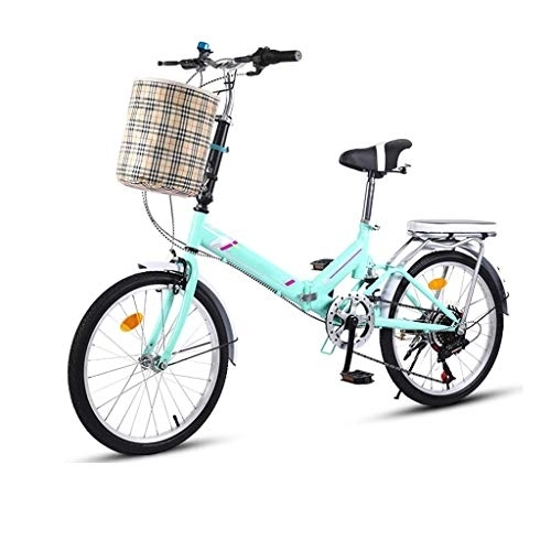 Folding Bike : XBSXP 20in 7-speed City Folding Bike, Compact Mini Womens Bike, City Commuter Folding Bicycle, Double Brake, Bicycle Seats for Comfort，With Back Frame and Bell, Basket (Color : Mint Green)