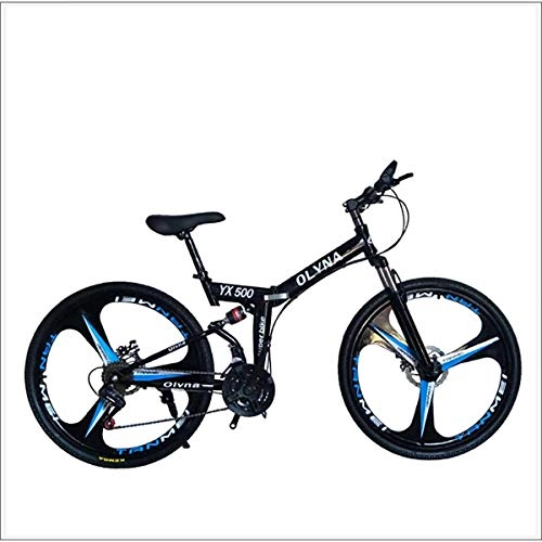Folding Bike : XER Mountain Bike 21 / 24 / 27 / 30 Speed Steel Frame 26 Inches 3-Spoke Wheels Dual Suspension Folding Bike, Black, 21 speed