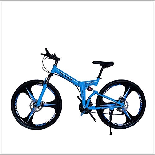 Folding Bike : XER Mountain Bike 21 / 24 / 27 / 30 Speed Steel Frame 26 Inches 3-Spoke Wheels Dual Suspension Folding Bike, Blue, 21 speed