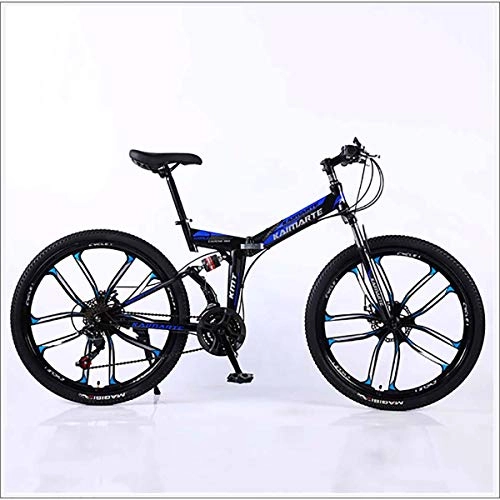 Folding Bike : XER Mountain Bike 24 Speed Steel High-Carbon Steel 24 Inches 10-Spoke Wheels Dual Suspension Folding Bike for Commuter City, Blue, 21 speed