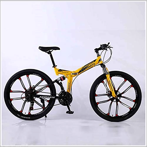 Folding Bike : XER Mountain Bike 24 Speed Steel High-Carbon Steel 24 Inches 10-Spoke Wheels Dual Suspension Folding Bike for Commuter City, Yellow, 21 speed