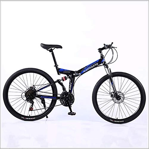Folding Bike : XER Mountain Bike 24 Speed Steel High-Carbon Steel 24 Inches Spoke Wheel Dual Suspension Folding Bike for Commuter City, Blue, 21 speed