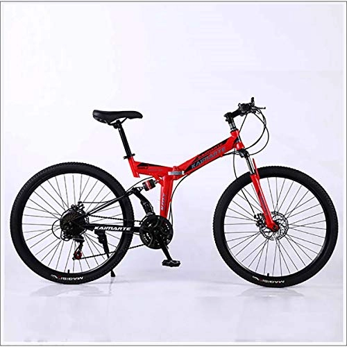 Folding Bike : XER Mountain Bike 24 Speed Steel High-Carbon Steel 24 Inches Spoke Wheel Dual Suspension Folding Bike for Commuter City, Red, 24 speed