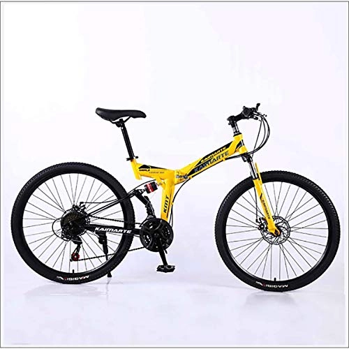 Folding Bike : XER Mountain Bike 24 Speed Steel High-Carbon Steel 24 Inches Spoke Wheel Dual Suspension Folding Bike for Commuter City, Yellow, 21 speed