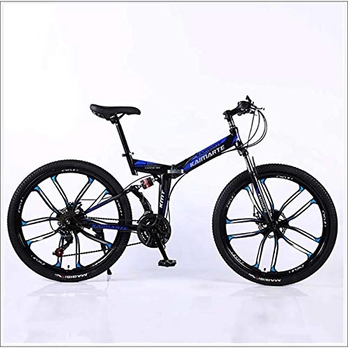 Folding Bike : XER Mountain Bike Folding Frame MTB Bike Dual Suspension Mens Bike 27 Speeds 26 Inch 10-High-Carbon Steel Bicycle Disc Brakes, Blue, 24 speed