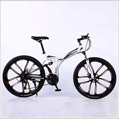 Folding Bike : XER Mountain Bike Folding Frame MTB Bike Dual Suspension Mens Bike 27 Speeds 26 Inch 10-High-Carbon Steel Bicycle Disc Brakes, White, 21 speed
