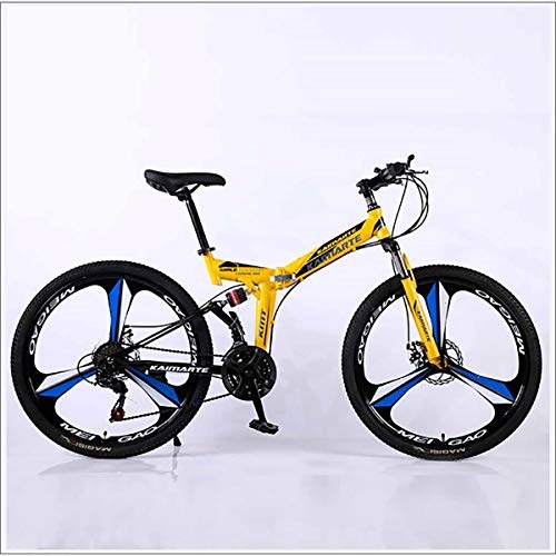 Folding Bike : XER Mountain Bike Folding Frame MTB Bike Dual Suspension Mens Bike 27 Speeds 26 Inch 3-High-Carbon Steel Bicycle Disc Brakes, Yellow, 21 speed