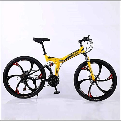 Folding Bike : XER Mountain Bike Folding Frame MTB Bike Dual Suspension Mens Bike 27 Speeds 26 Inch 6-High-Carbon Steel Bicycle Disc Brakes, Yellow, 24 speed