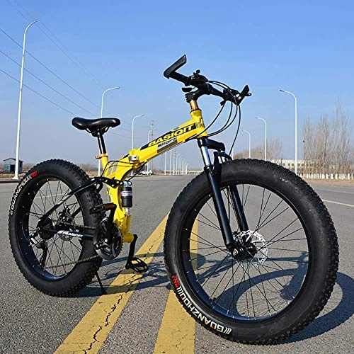 Folding Bike : XIAOFEI 21 Speed Mountain Bike 26 * 4.0 Fat Tire Bikes Shock Absorbers Bicycle Snow Bike, Folding Variable Off-Road Beach Snowmobile 4.0 Super Wide Tires, Yellow, 24