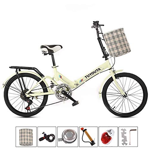 Folding Bike : XIAOFEI Student Bicycle Male And Female Students Shock Absorption Disc Brake Bicycle 20 Inch Adult Folding Speed Bicycle Double Shock-Absorbing Off-Road Speed Racing, Beige