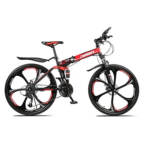 Folding Bike : XNEQ 26-Inch 21 / 27-Speed Folding Mountain Off-Road Bike, 8-Second Quick Fold, Double-Shock 6-Cutter Bike, Front And Rear Double Disc Brakes, Red, 27