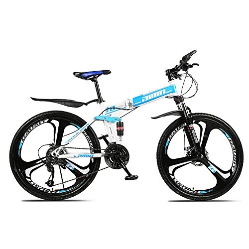 Folding Bike : XNEQ 26-Inch 21 / 27-Speed Folding Mountain Off-Road Bike, 8-Second Quick Fold, Double-Shock Three-Wheel Bike, Double Disc Brakes Front And Rear, Blue, 27