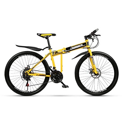 Folding Bike : XNEQ 26-Inch 21-Speed 27-Speed Dual-Shock All-In-One Off-Road Folding Mountain Bike, Spoke Wheel Top Configuration Bicycle, Front And Rear Dual Disc Brakes, 8S Fast Folding, Yellow, 27 Speed
