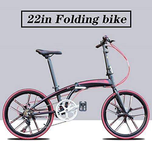 Folding Bike : XRQ 22" Folding Bicycle Alloy Lightweight Aluminum Frame Shimano Variable Speed Folding Bike Mens Womens Adjustable City Bike Bicycles, Red