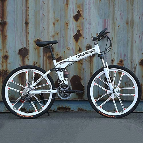 Folding Bike : XRQ 26 Inch Folding Bicycle Mountain Bike 21 / 24 / 27 Speed Off-Road Male And Female Adult Students 10 Knife Wheel Folding Bicycle, White, 21 speed