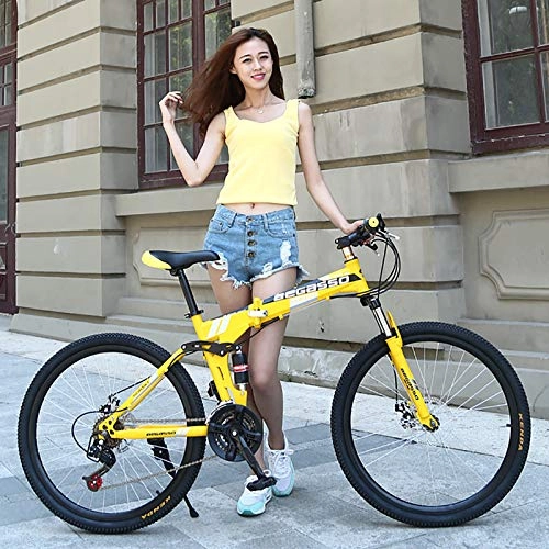 Folding Bike : XUELIAIKEE 21 Speed Folding Mountain Bike For Men & Women, Full Suspension MTB City Commuter Bike Road Bike Outroad Mountain Bike For Adults Teens & Kids-Yellow 24 Inch