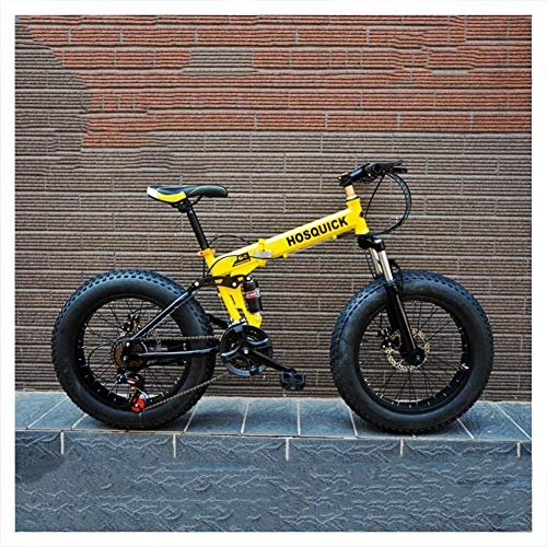 Folding Bike : XXCZB Foldable Mountain Bikes 24 Inch Dual-Suspension for Adults Men Women Fat Tire Anti-Slip Mountain Bicycle with Mechanical Disc Brakes High Carbon Steel-7 Speed_Yellow