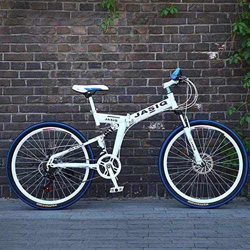 Folding Bike : XXCZB Mountain Bike Folding Bikes 26 Inch Double Disc Brake Full Suspension Anti-Slip Off-Road Variable Speed Racing Bikes for Men And Women-White_21Speed