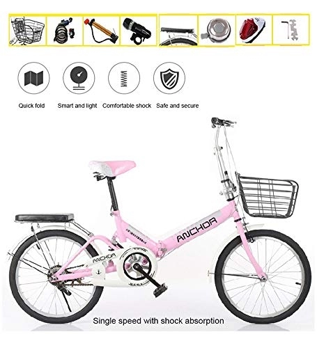 Folding Bike : XYQCPJ 20 Inch Folding Bicycles, Single Speed With Shock Absorption Portable Mountain Bike Road Bikes High-carbon Steel Hardtail Bike Adjustable Seat Easy to Store For ladies Student