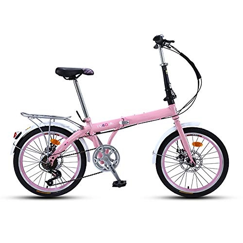 Folding Bike : Y&XF 20-Inch Folding Bike, 7-Speed Cycling Commuter Foldable Bicycle, Women's Adult Student Car Bike, Lightweight Aluminum Frame, Shock Absorption, Pink