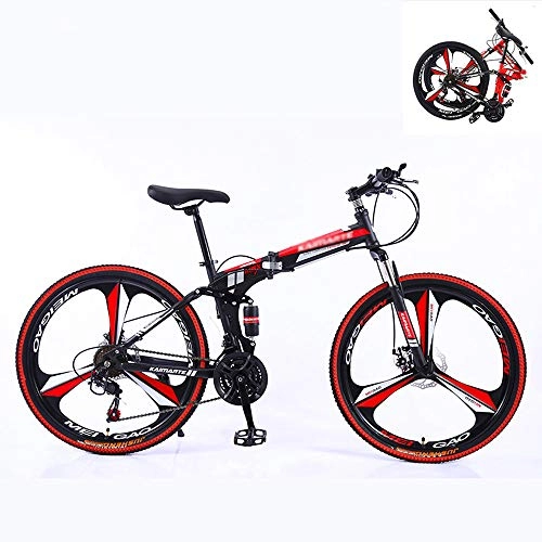 Folding Bike : YALIXI Folding mountain bike, 24 speed adult mountain bike, high carbon steel frame full suspension mountain bike, double disc brake, Black red