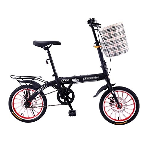 Folding Bike : yan qing shop Black Folding Bike 16inch For Adults, City Bike With Basket Single Speed, Dual Disc Brakes, High Carbon Steel Frame Road Bike For Unisex, Student