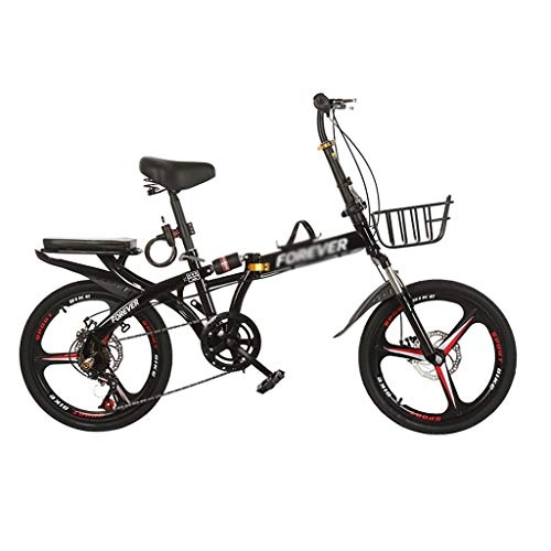 Folding Bike : yan qing shop Folding Bikes 6 Speed For Adults, Portable Folding City Bicycle 20-inch Wheels, Road Bikes With Metal Basket, Front And Rear Fenders & Disc Brake (Color : Black)