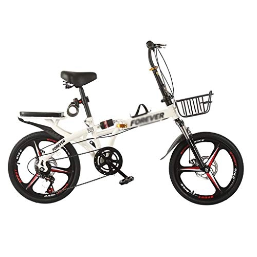 Folding Bike : yan qing shop Folding Bikes 6 Speed For Adults, Portable Folding City Bicycle 20-inch Wheels, Road Bikes With Metal Basket, Front And Rear Fenders & Disc Brake (Color : White)