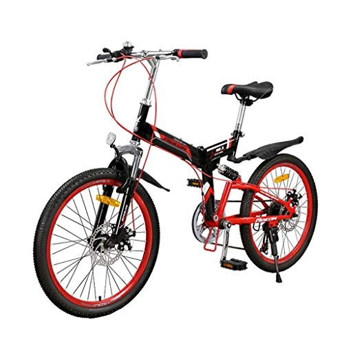 Folding Bike : yan qing shop Folding Mountain Bike 22inch For Adults, 7 Speed ​​Dual Disc Brakes Mountain Bicycle, High Carbon Steel Full Suspension Frame Folding Bicycles (Color : Black+Red)