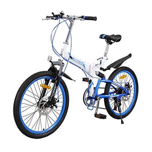 Folding Bike : yan qing shop Folding Mountain Bike 22inch For Adults, 7 Speed ​​Dual Disc Brakes Mountain Bicycle, High Carbon Steel Full Suspension Frame Folding Bicycles (Color : Blue+White)