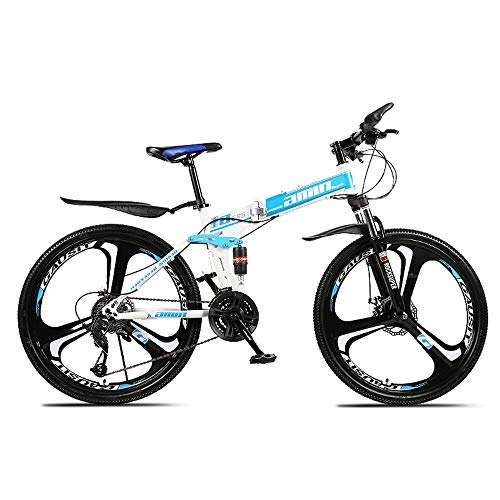 Folding Bike : YBCN Folding mountain bike 26 inch 30 speed variable speed double shock double disc brake off-road adult men and women outdoor riding trip, Blue