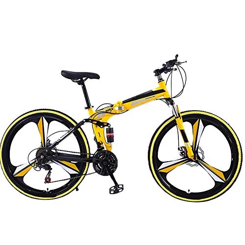 Folding Bike : YGTMV 26 Inch Carbon Steel Mountain Folding Bike, 21 Speed Bicycle Full Suspension MTB Front And Rear Disc Brakes Outdoor Bike, Yellow