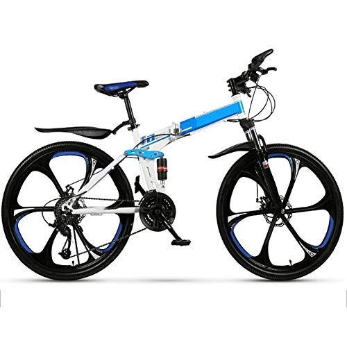 Folding Bike : YGTMV Folding Mountain Bike Bicycle, 26 Inch Double Shock Absorber Off Road Speed Racing Bicycle, 21 / 24 / 27 / 30 Speed Bicycle Full Suspension MTB ​​Gears Dual Disc Brakes Bikes, Blue, 24 speed