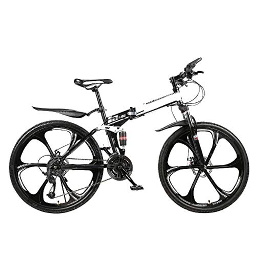 Folding Bike : YGTMV Folding Mountain Bike Bicycle, 26 Inch Double Shock Absorber Off Road Speed Racing Bicycle, 21 / 24 / 27 / 30 Speed Bicycle Full Suspension MTB ​​Gears Dual Disc Brakes Bikes, White, 30 speed