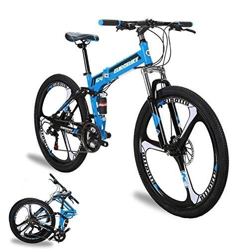 Folding Bike : YH-G4 Folding Mountain Bike for Adults 26 Inch Wheels 21 Speed Full Suspension Dual Disc Brakes Foldable Frame Bicycle (3-Spoke Blue)
