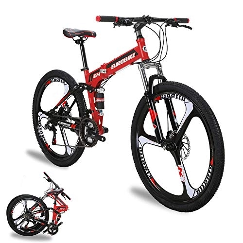 Folding Bike : YH-G4 Folding Mountain Bike for Adults 26 Inch Wheels 21 Speed Full Suspension Dual Disc Brakes Foldable Frame Bicycle (3-Spoke Red)
