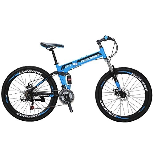 Folding Bike : YH-G4 Folding Mountain Bike for Adults 26 Inch Wheels 21 Speed Full Suspension Dual Disc Brakes Foldable Frame Bicycle (Blue)