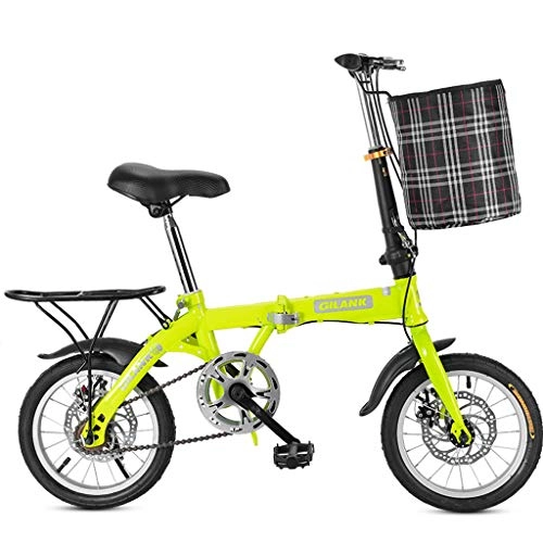 Folding Bike : YHNMK Folding Bicycle High Carbon Steel Frame 14 Inch Single Speed Small Portable Bicycle, with Basket and Shelf Dual Disc Brake, Bicycle Adult Student Outdoors