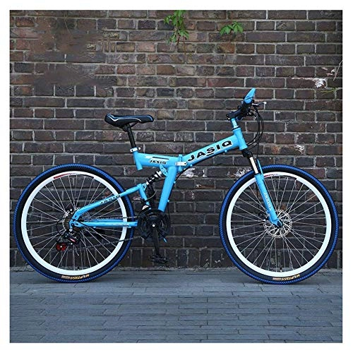 Folding Bike : YHtech Outdoor sports 26" Unisex Mountains Folding Bike, Trail Mountains, Aluminum Full Suspension Frame, Twist Shifters Through 21 Speeds with Double Disc Brake (Color : Blue)