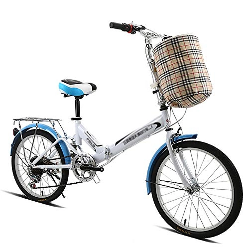 Folding Bike : YJSJ Folding Bicycle Ladies' Work Adults Children Bike Small Lightweight Adjustable Height City Compact Men Bicycle Bikes 5 Levels Variable Speed (20 Inch) A++(Color: blue)