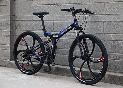 Folding Bike : YOUSR 24 Inch Carbon Steel Mountain Bike, Shock Absorption Shifting Soft Tail Folding 21 Speed Bicycle Black Blue
