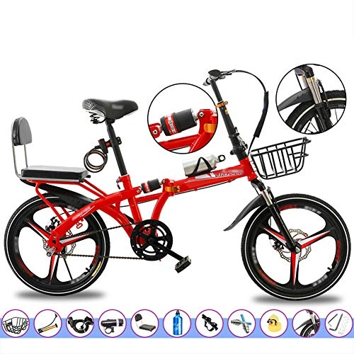 Folding Bike : YSHCA 16 Inch Folding Bike, Single Speed Low Step-Through Steel Frame Foldable Compact Bicycle with Rack Comfort Saddle and Fenders, Red-B