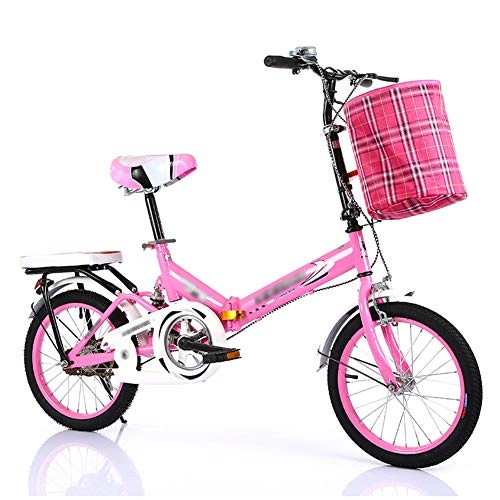 Folding Bike : YSHCA 16 Inch Single Speed Folding Bike, Low Step-Through Steel Frame Foldable Compact Bicycle with Rack and Carrying Bag Urban Riding and Commuting, Pink-B