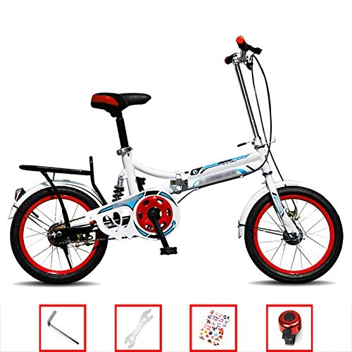 Folding Bike : YSHCA 16 Inch Single Speed Folding Bike, Low Step-Through Steel Frame Foldable Compact Bicycle with Rack and Comfort Saddle Urban Riding and Commuting, Red