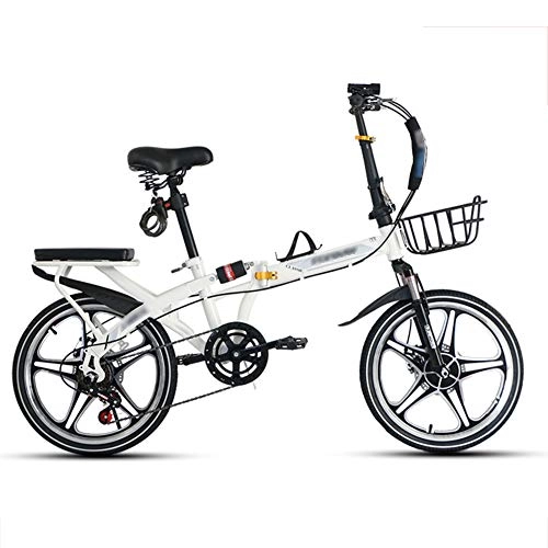 Folding Bike : YSHCA16 Inch Folding Bike, 7 Speed Low Step-Through Steel Frame Foldable Compact Bicycle with Rack Comfort Saddle and Fenders Urban Riding and Commuting, White-B
