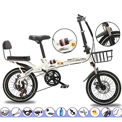 Folding Bike : YSHCA16 Inch Folding Bike, 7 Speed Low Step-Through Steel Frame Foldable Compact Bicycle with Rack Comfort Saddle and Fenders, White-A