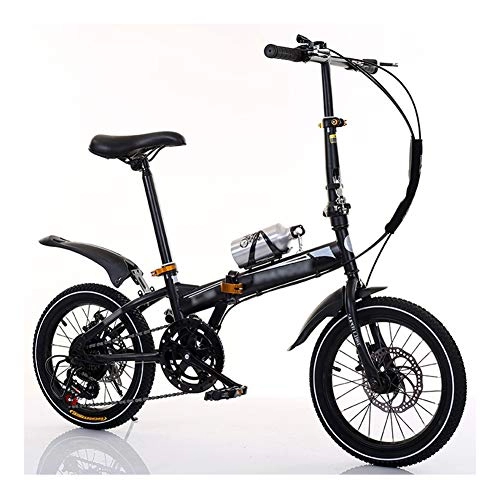 Folding Bike : YSHCA6 Speed Folding Bike, Low Step-Through Steel Frame Foldable Compact Bicycle with Rack Fenders Urban Riding and Commuting, 16 Inch-Black